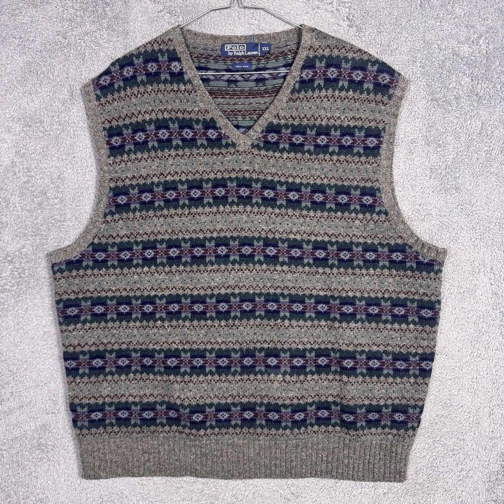 Vintage Polo Ralph Lauren Fair Isle 100% Wool Sweater Vest Mens 2XL XXL V Neck